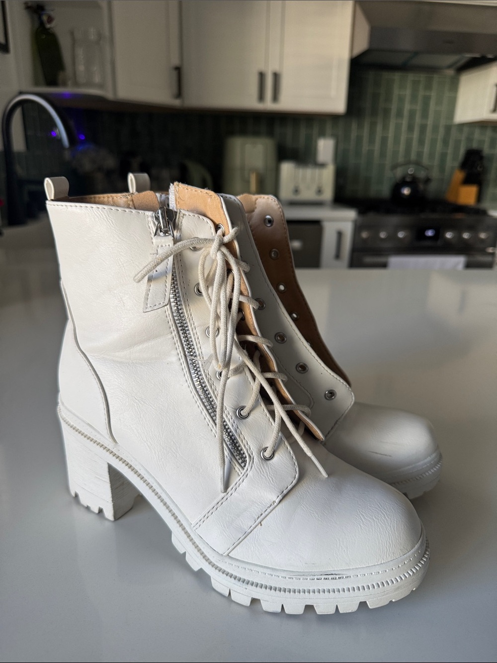 Soda White Lace-Up Chunky Heel Ankle Boots